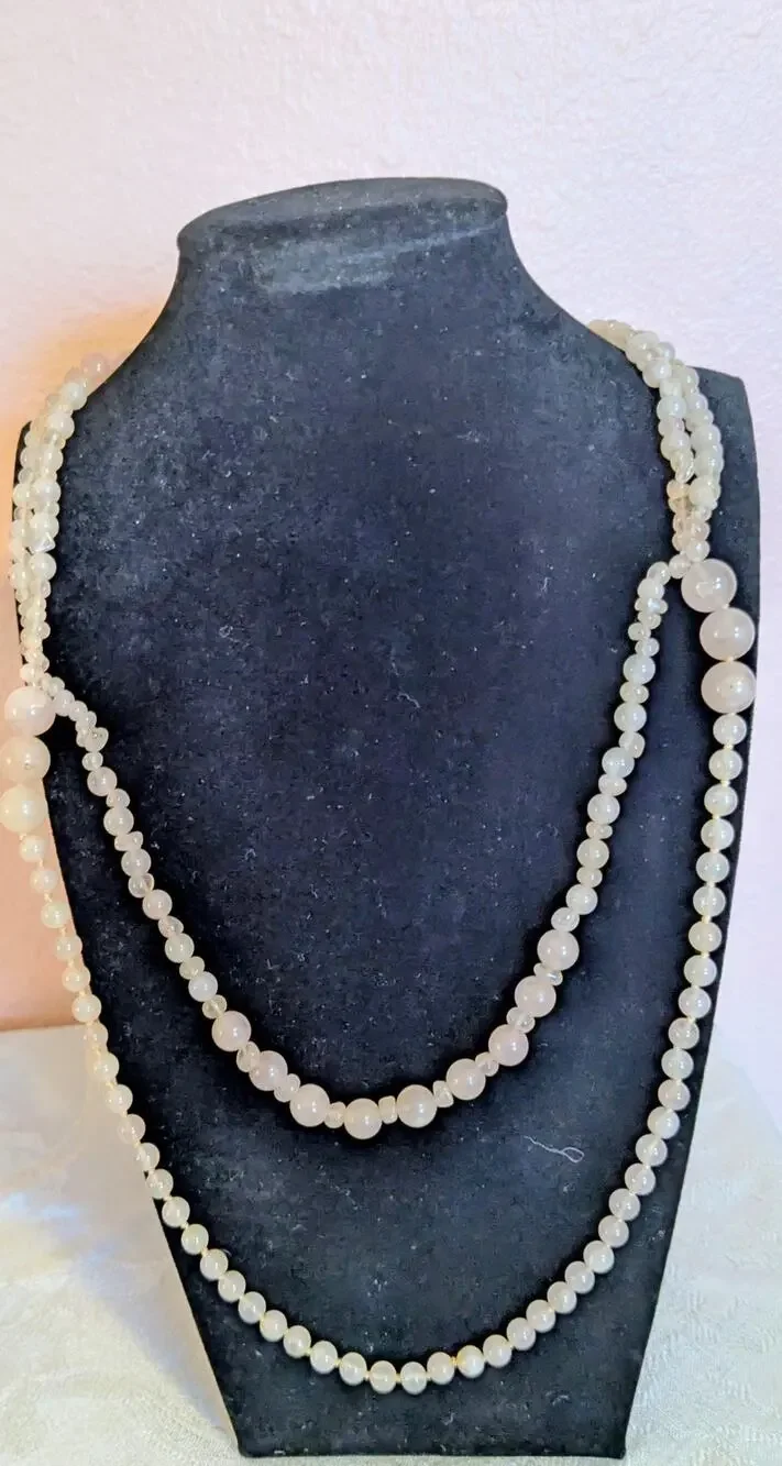 Vintage Natural Rose Quartz Beaded Strand Necklace Long Endless Opera Flapper